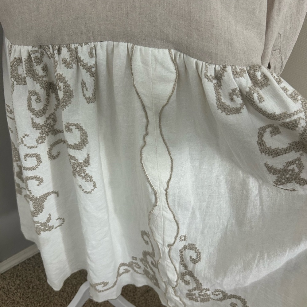 Eddie Bauer 100% Linen Embroidered Button Front Midi Dress Cream Tan Petite XS - Picture 10 of 13